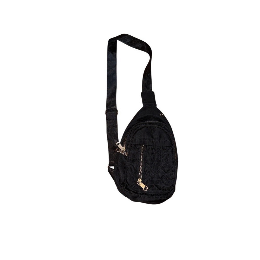 Quilted Sling Backpack Crossbody Chest Bag Black Small Travel gold adjustable